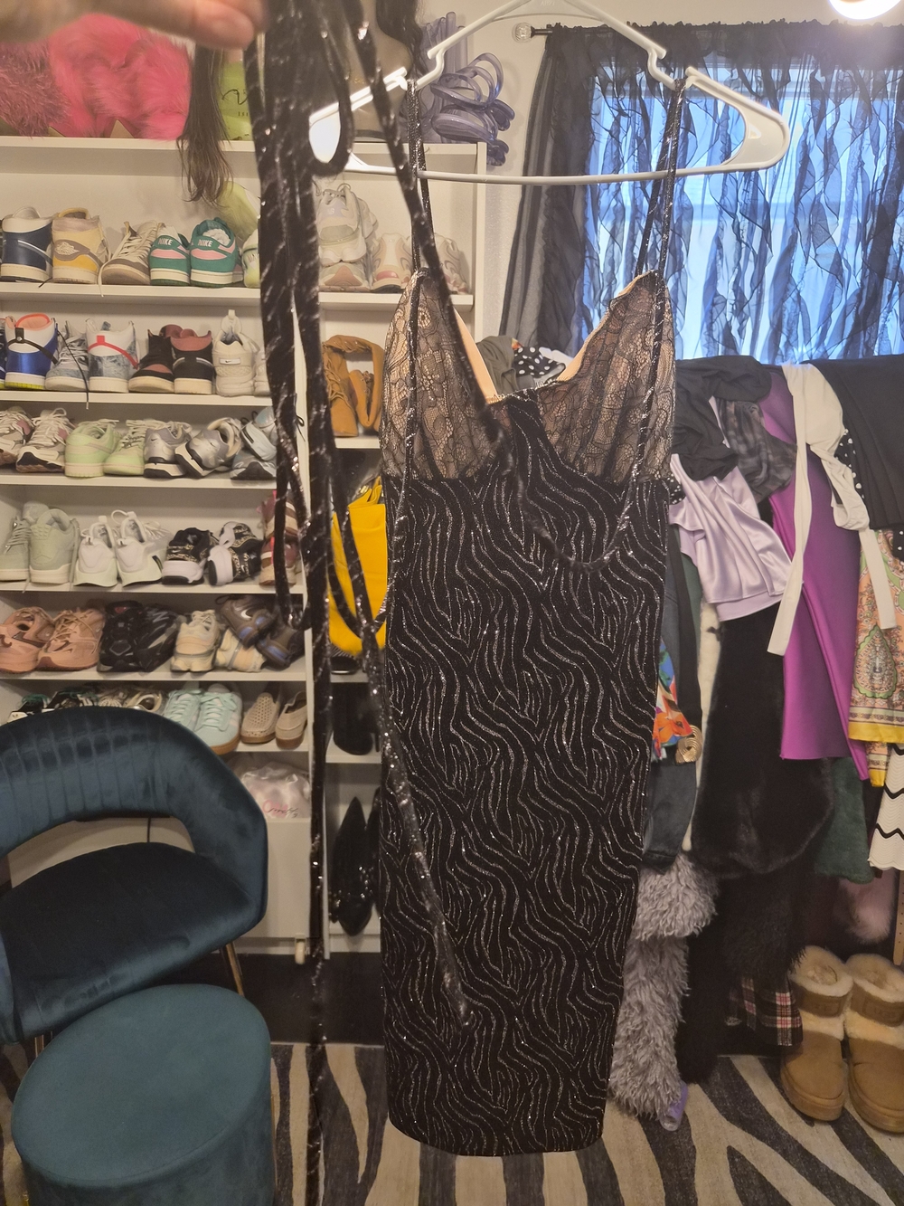 Black Sequin Slip Dress with Sheer Lace Bodice